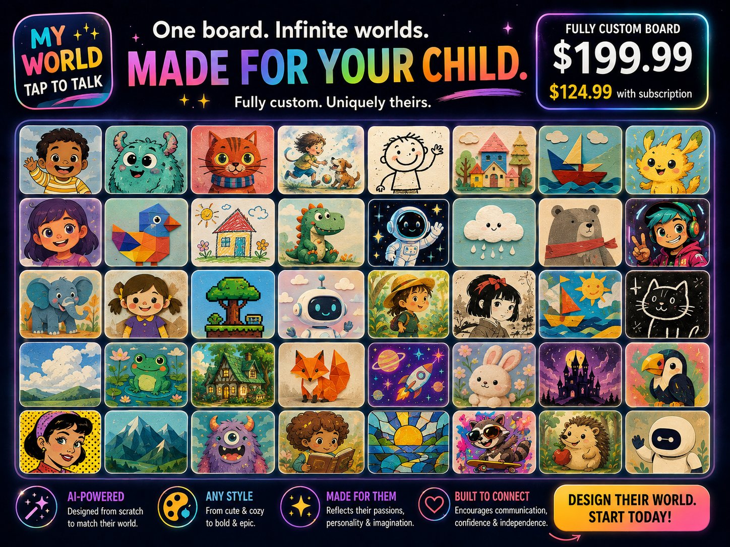 One board. Infinite worlds. Made for your child — the fully custom board.