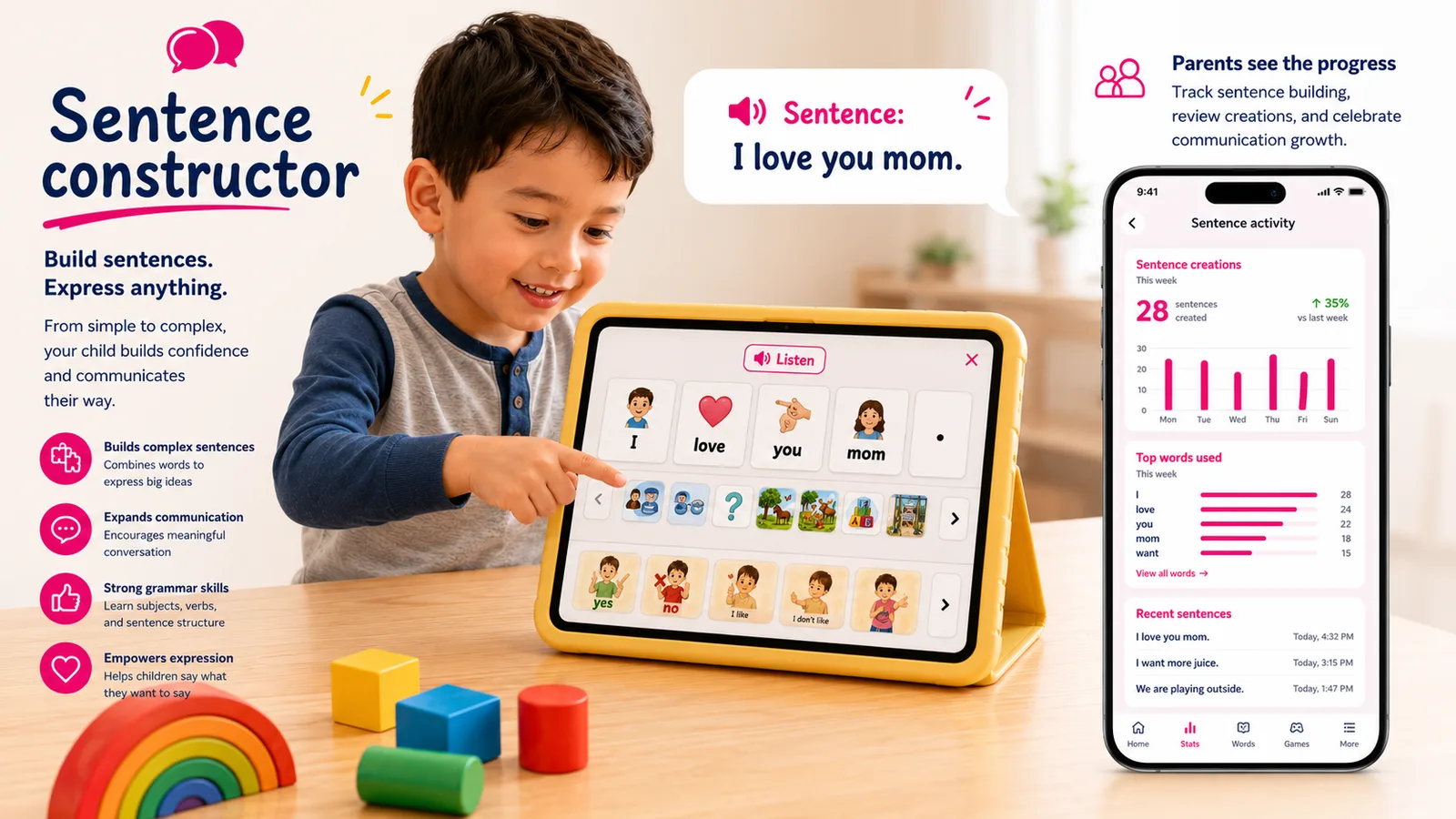 Sentence constructor: a child builds 'I love you mom' from tiles and plays it back as one sentence.