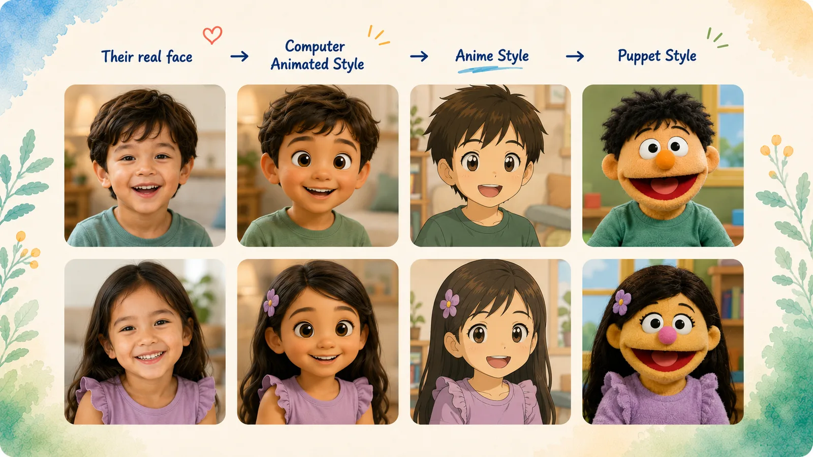 The same two children's real faces shown redrawn in computer-animated, anime, and puppet styles, always recognizably them.