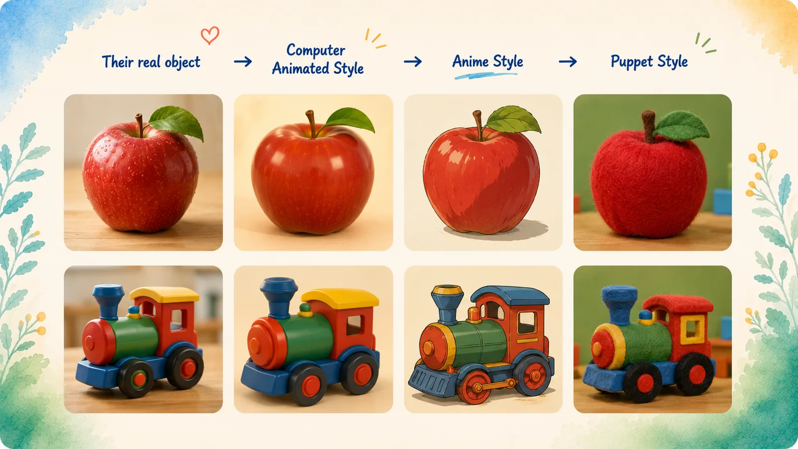 A real apple and a real toy train redrawn in computer-animated, anime, and puppet styles, the same recognizable objects.