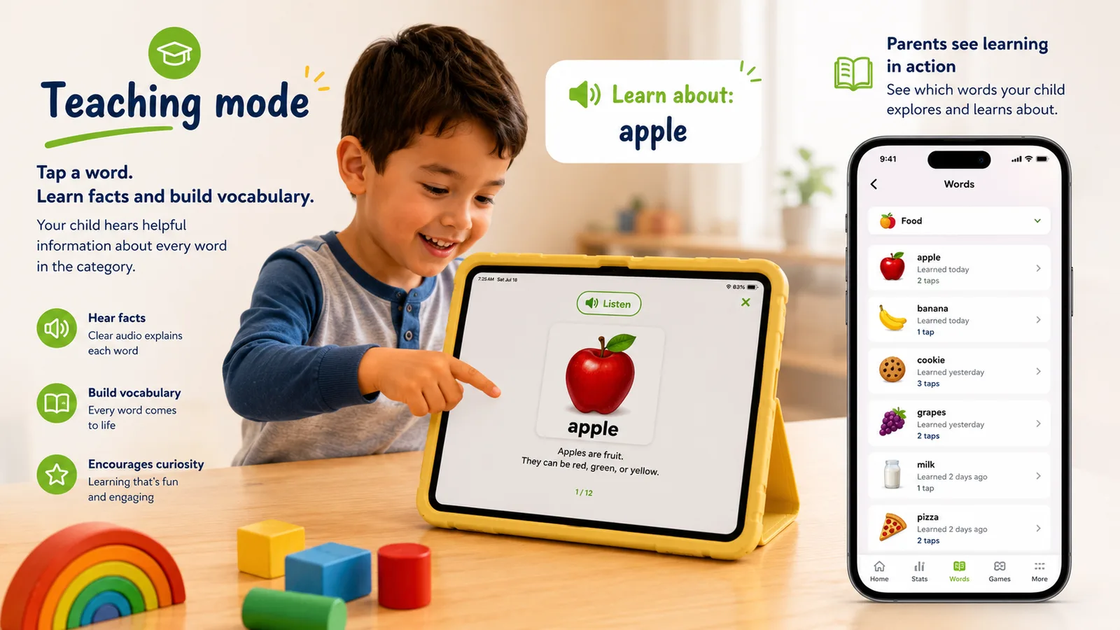 Teaching mode: a child taps a word and hears friendly facts about it; a parent's phone shows which words were explored.